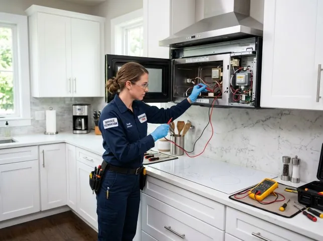 Appliance Repair Hero technician testing an over-the-range microwave in a Broomes Island, MD kitchen
